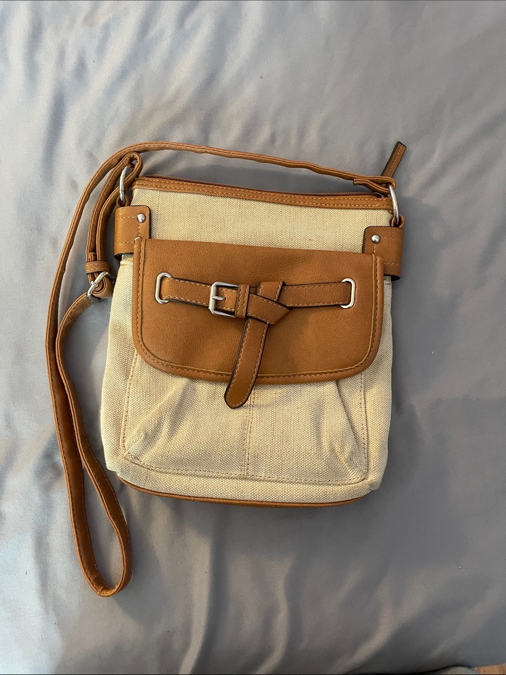 Neutral Canvas Crossbody with Tan Trim and Front Buckle